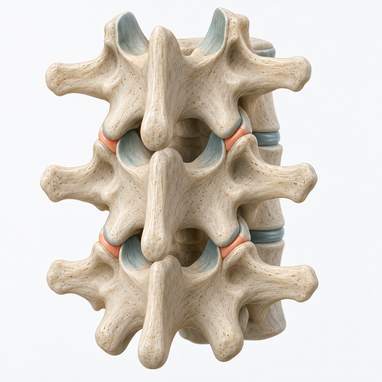 3D-Illustration: Die Facettengelenke liegen auf der Rückseite der Wirbelsäule.