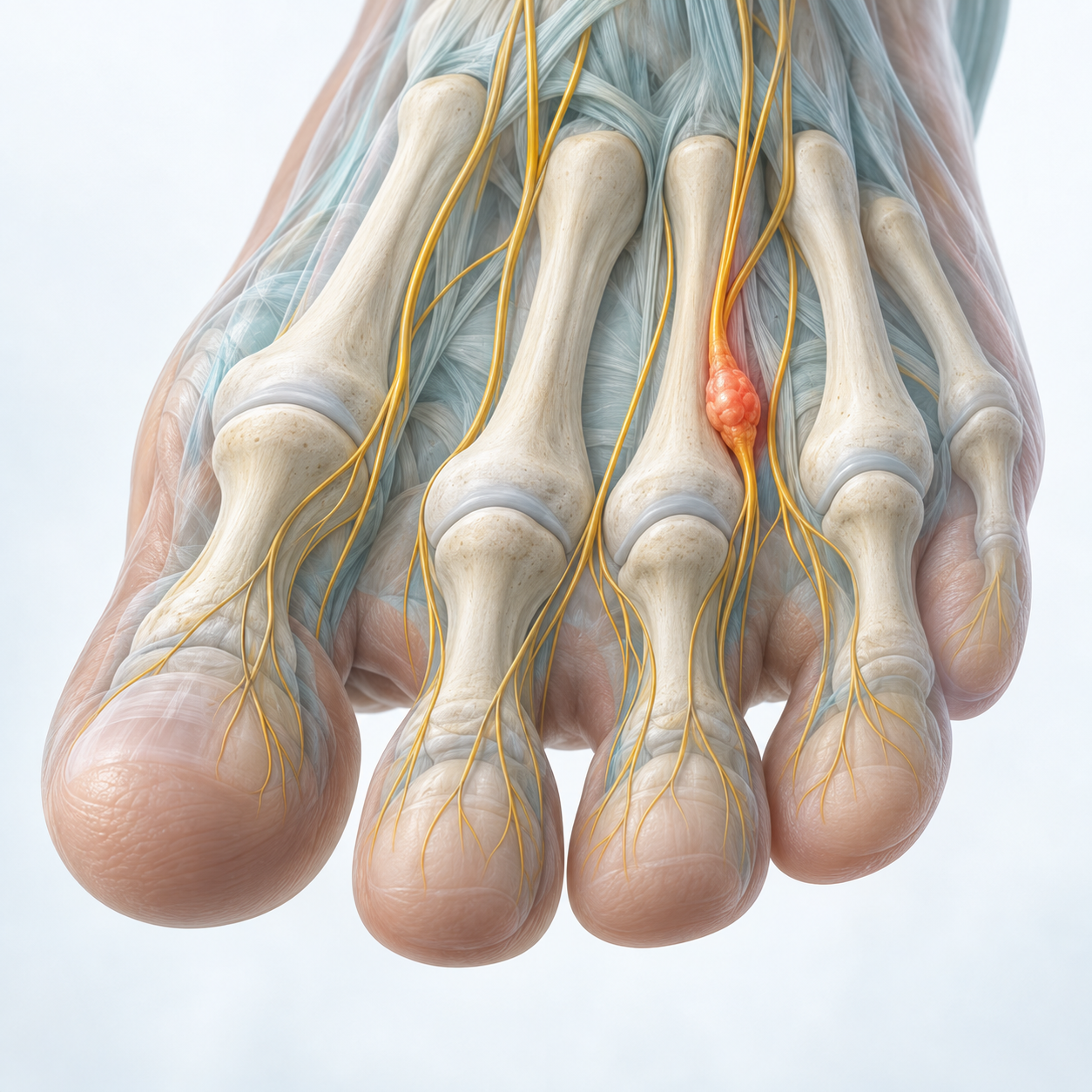3D illustration: Example of nerve thickening in the forefoot between the third and fourth metatarsal heads.