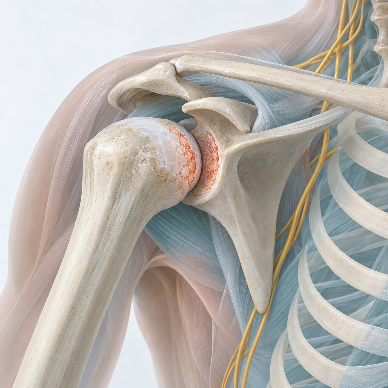 3D illustration: Wear in the joint between the humeral head and the shoulder socket.